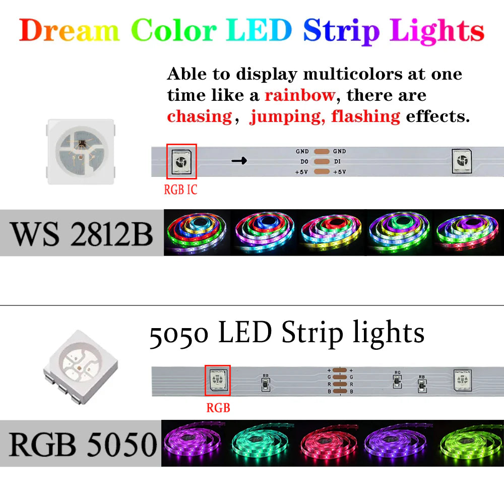 10M 20M LED Strip Lights RGB 5050/RGBIC WS2812B Infrared Bluetooth Ontroller TV Backlight Room Luces Luminous Decorate Fita Lamp