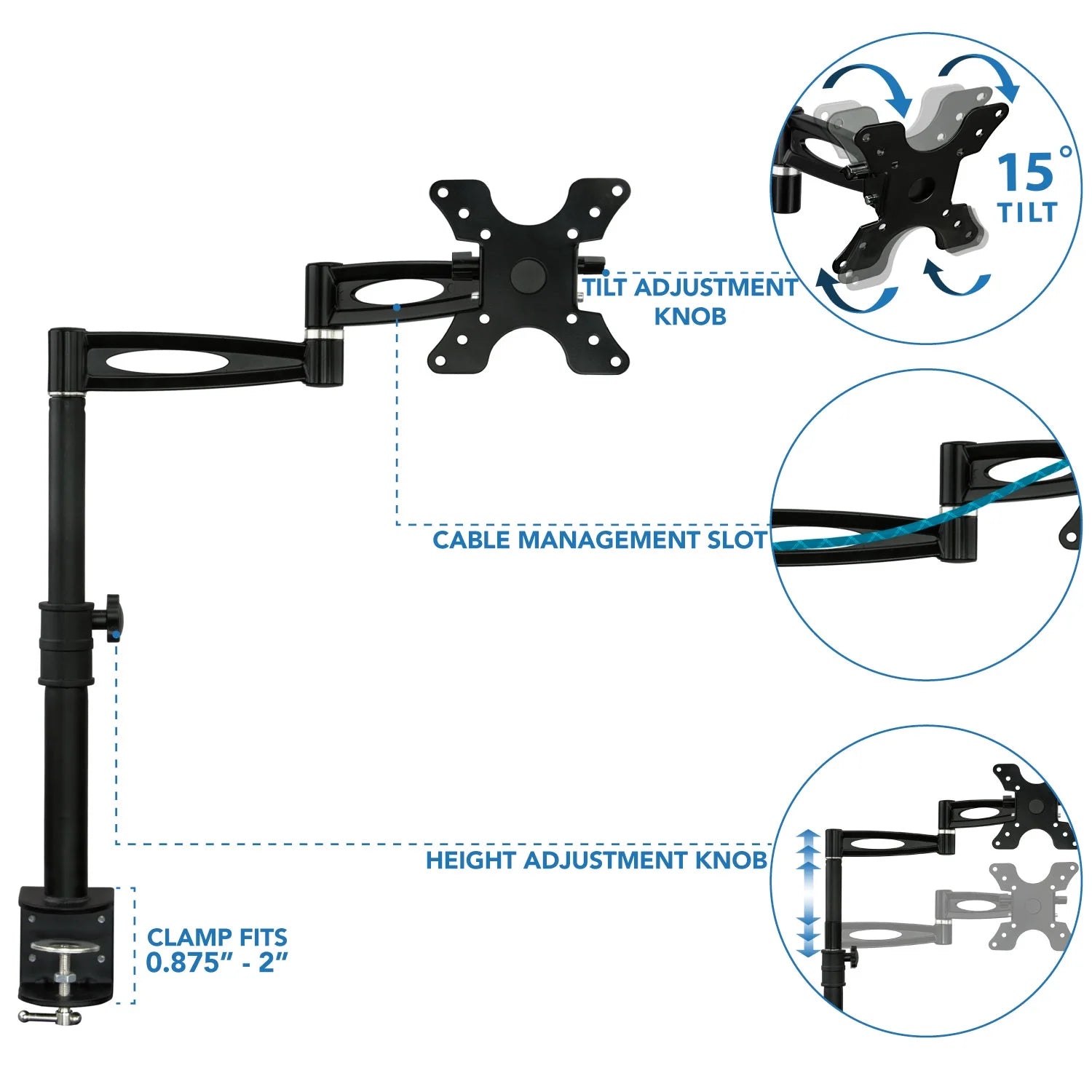 Single Monitor Desk Mount Arm | Full Motion Monitor Mount | Fits 21-30 Inch Screens